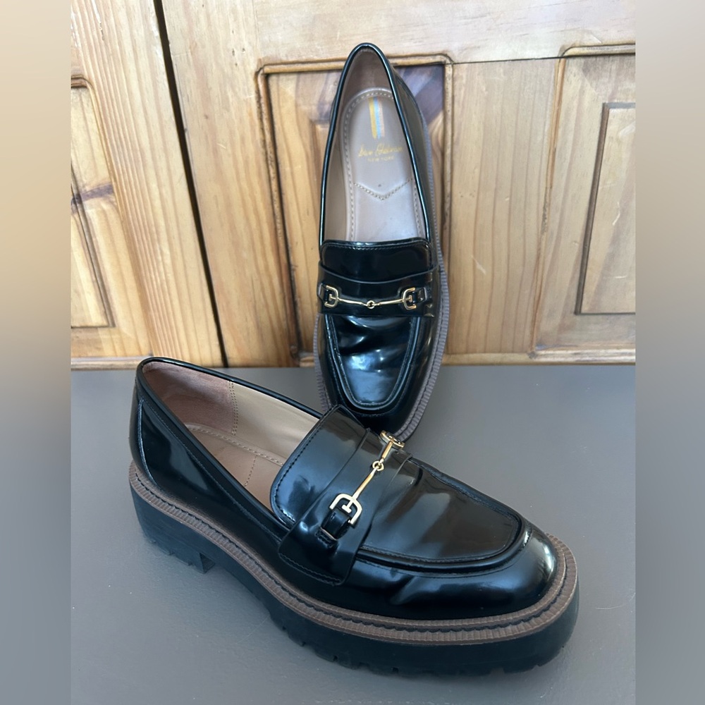 Classic Black Leather Platform Loafers with Gold Bit Hardware